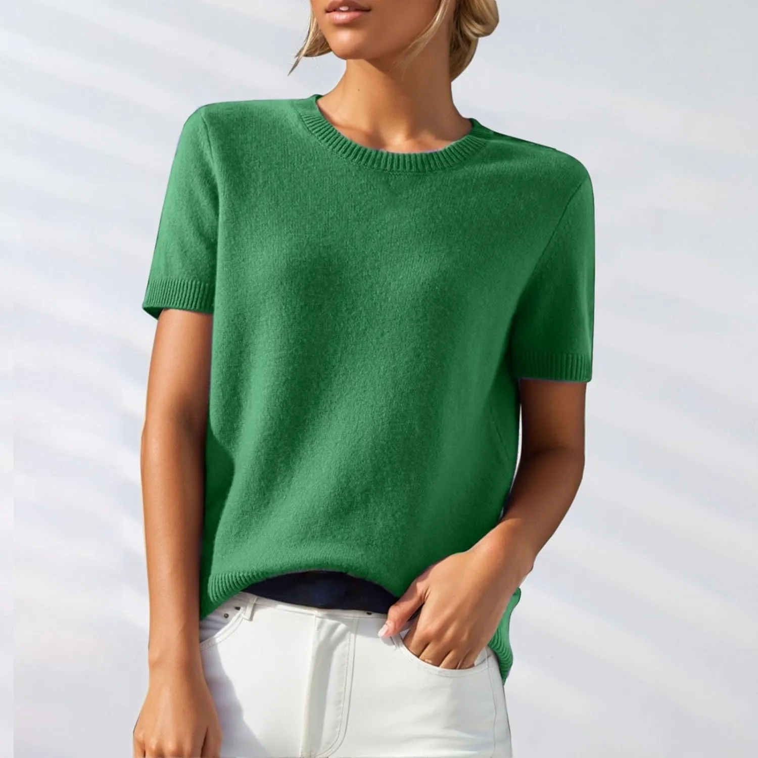 Short Sleeve Shirts for Women Trendy 2025 Crew Neck Sweater Cute Spring Casual Comfy Cashmere Sweaters Tunic Pullover
