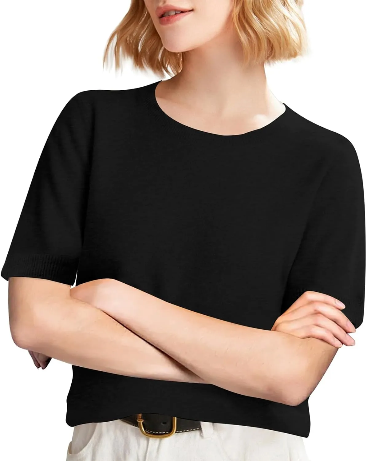 Short Sleeve Shirts for Women Trendy 2025 Crew Neck Sweater Cute Spring Casual Comfy Cashmere Sweaters Tunic Pullover