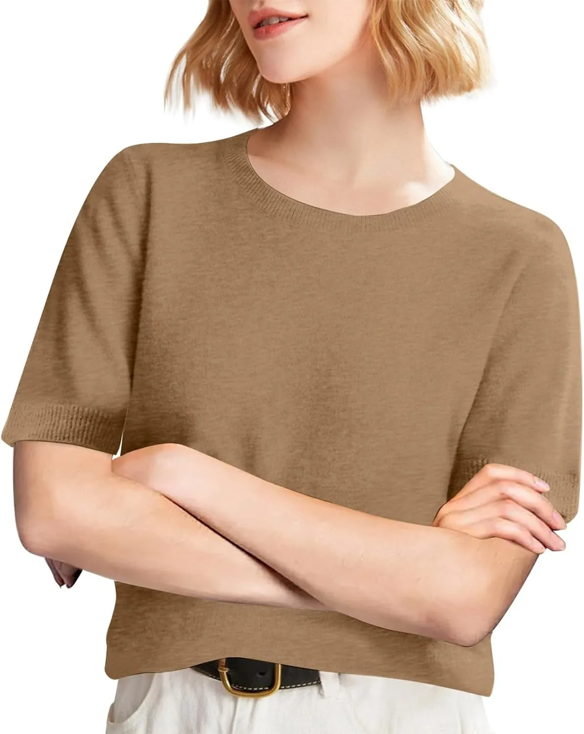 Short Sleeve Shirts for Women Trendy 2025 Crew Neck Sweater Cute Spring Casual Comfy Cashmere Sweaters Tunic Pullover
