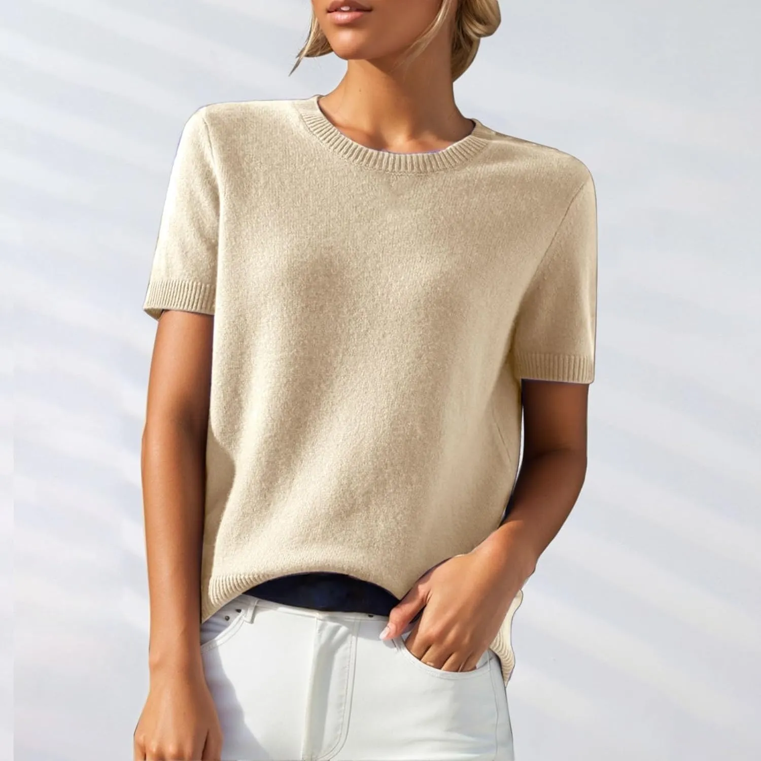 Short Sleeve Shirts for Women Trendy 2025 Crew Neck Sweater Cute Spring Casual Comfy Cashmere Sweaters Tunic Pullover