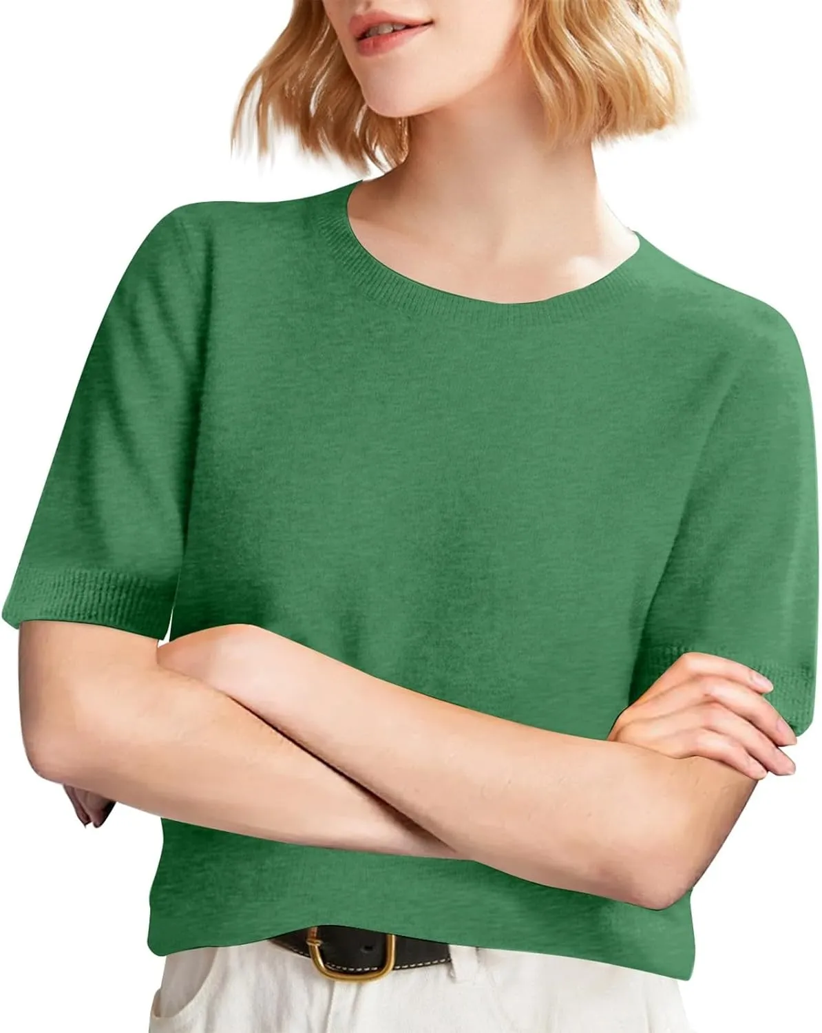 Short Sleeve Shirts for Women Trendy 2025 Crew Neck Sweater Cute Spring Casual Comfy Cashmere Sweaters Tunic Pullover