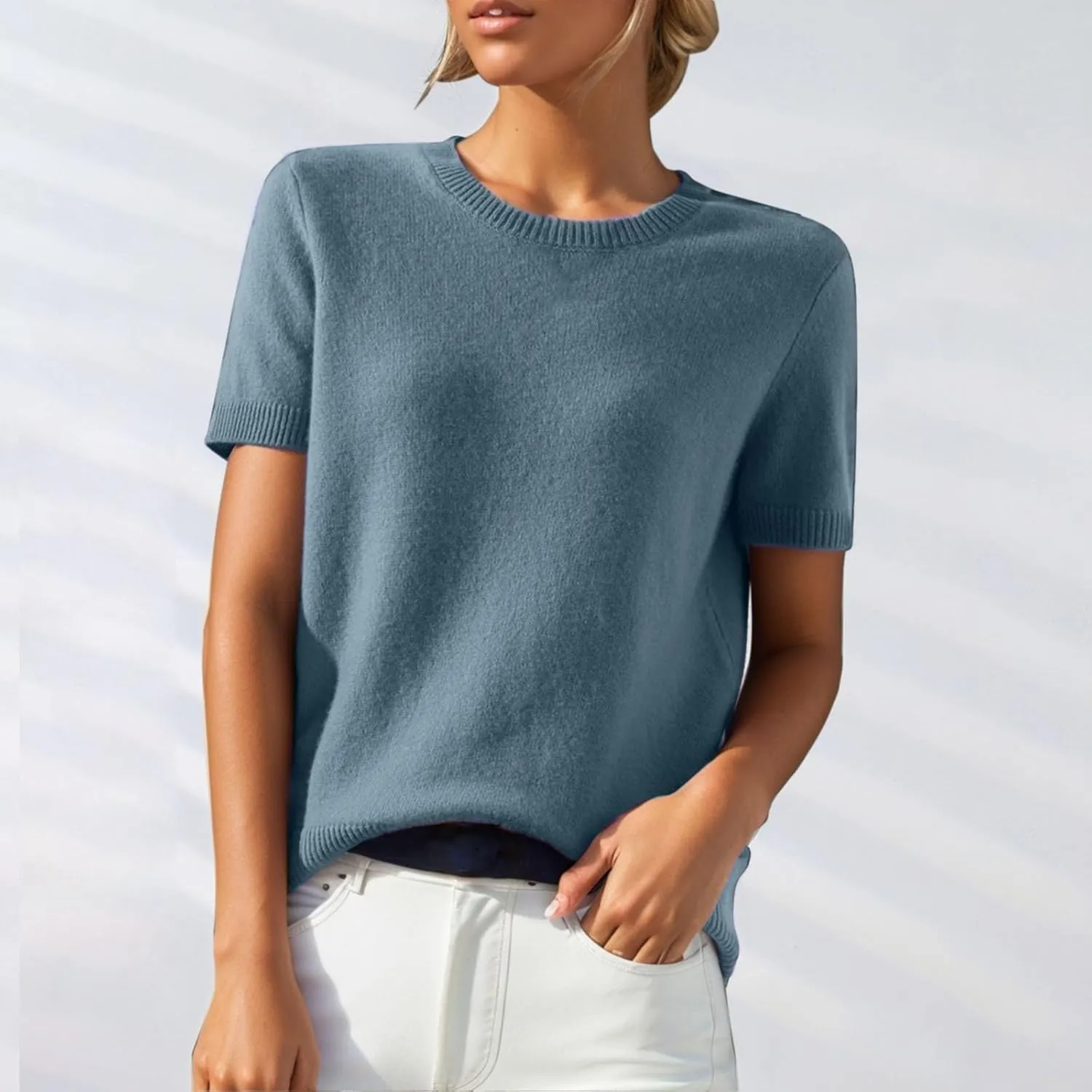 Short Sleeve Shirts for Women Trendy 2025 Crew Neck Sweater Cute Spring Casual Comfy Cashmere Sweaters Tunic Pullover