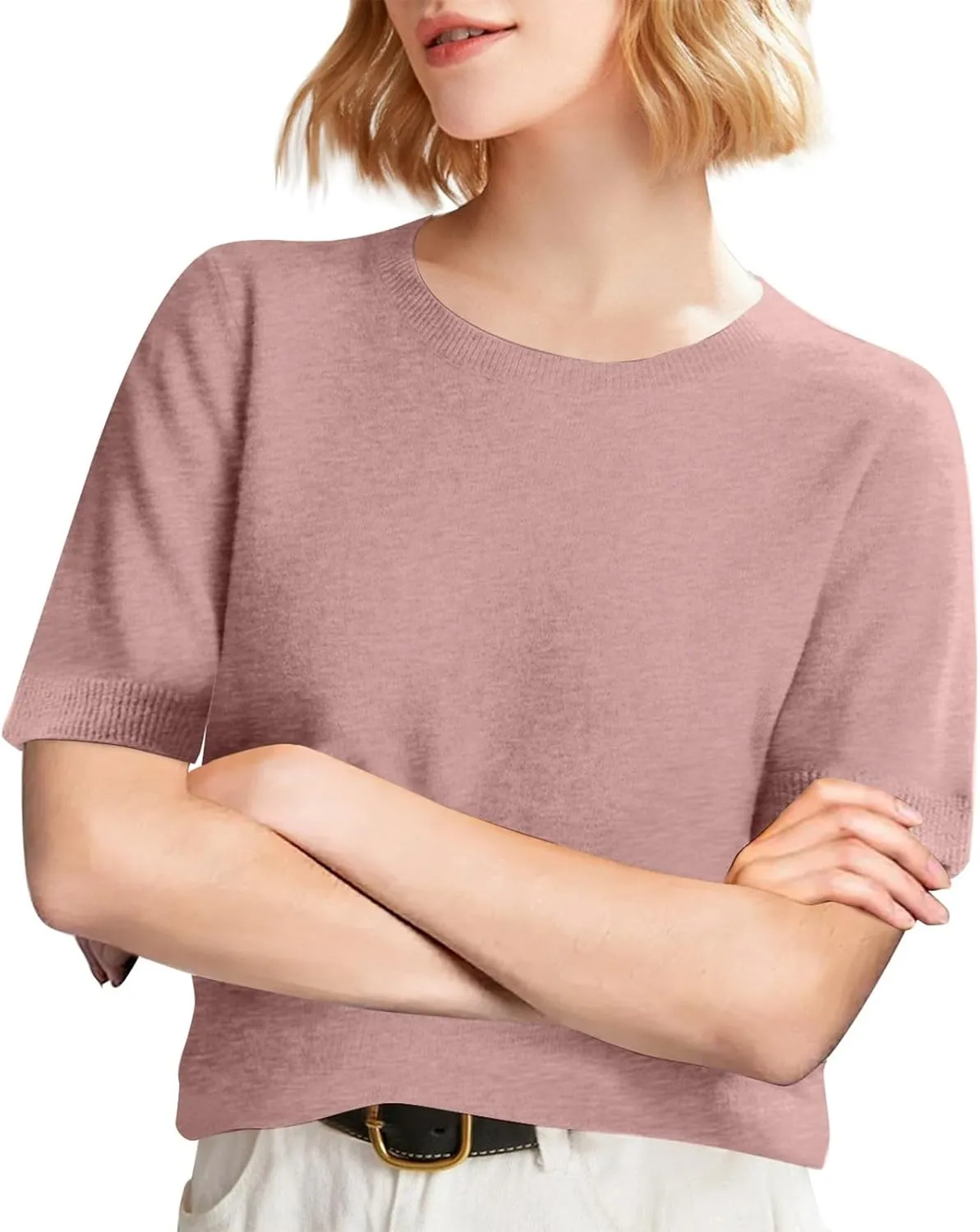 Short Sleeve Shirts for Women Trendy 2025 Crew Neck Sweater Cute Spring Casual Comfy Cashmere Sweaters Tunic Pullover