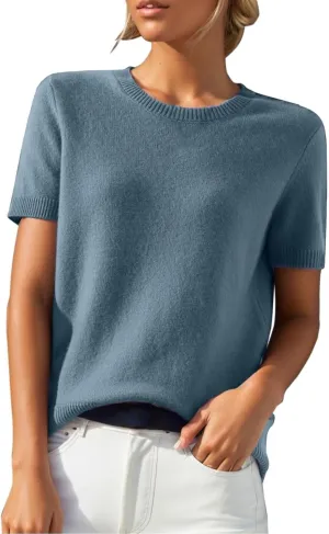 Short Sleeve Shirts for Women Trendy 2025 Crew Neck Sweater Cute Spring Casual Comfy Cashmere Sweaters Tunic Pullover