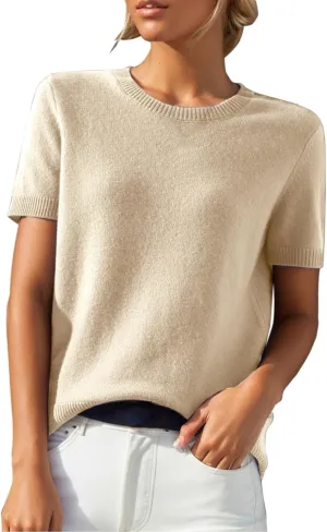 Short Sleeve Shirts for Women Trendy 2025 Crew Neck Sweater Cute Spring Casual Comfy Cashmere Sweaters Tunic Pullover