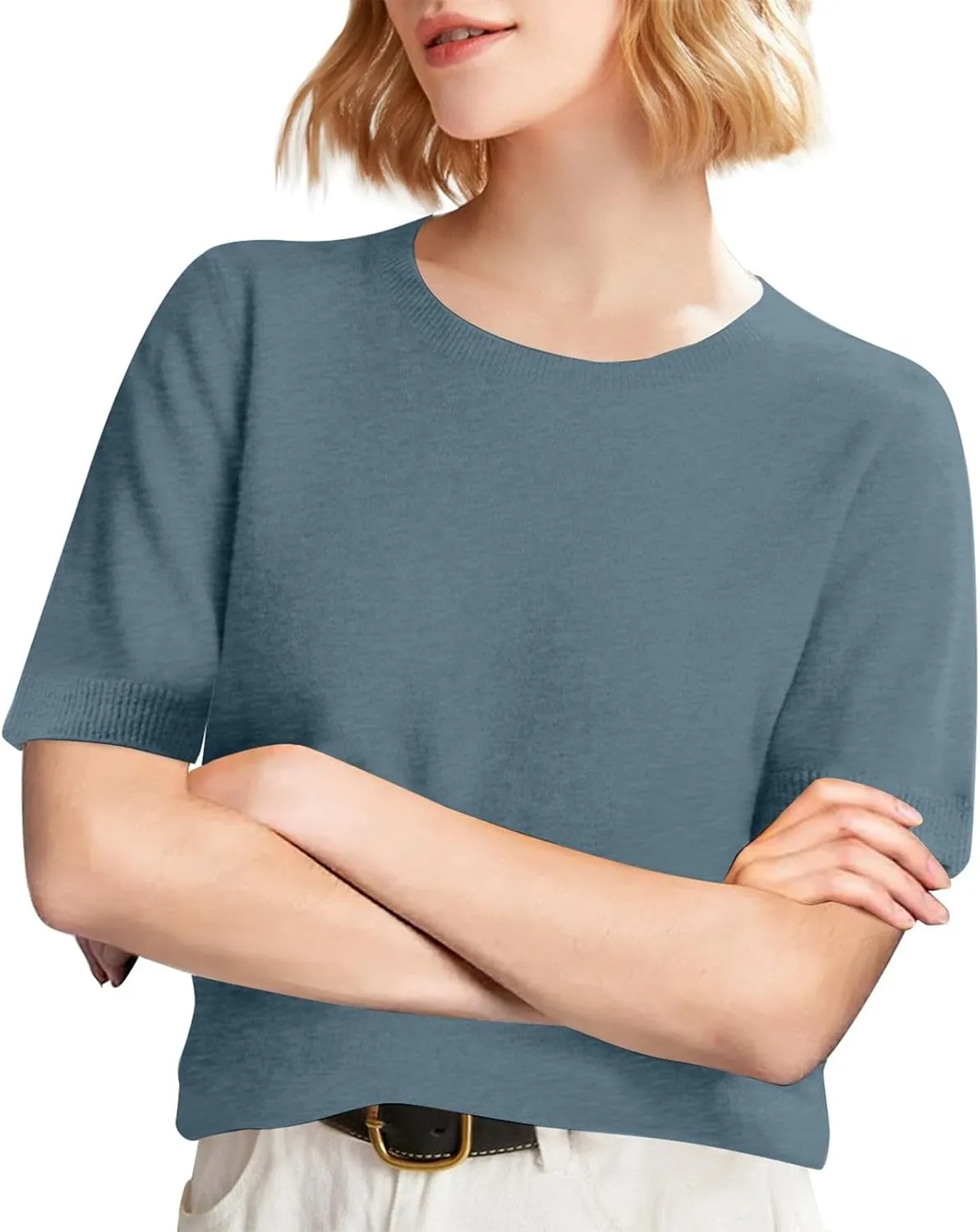 Short Sleeve Shirts for Women Trendy 2025 Crew Neck Sweater Cute Spring Casual Comfy Cashmere Sweaters Tunic Pullover