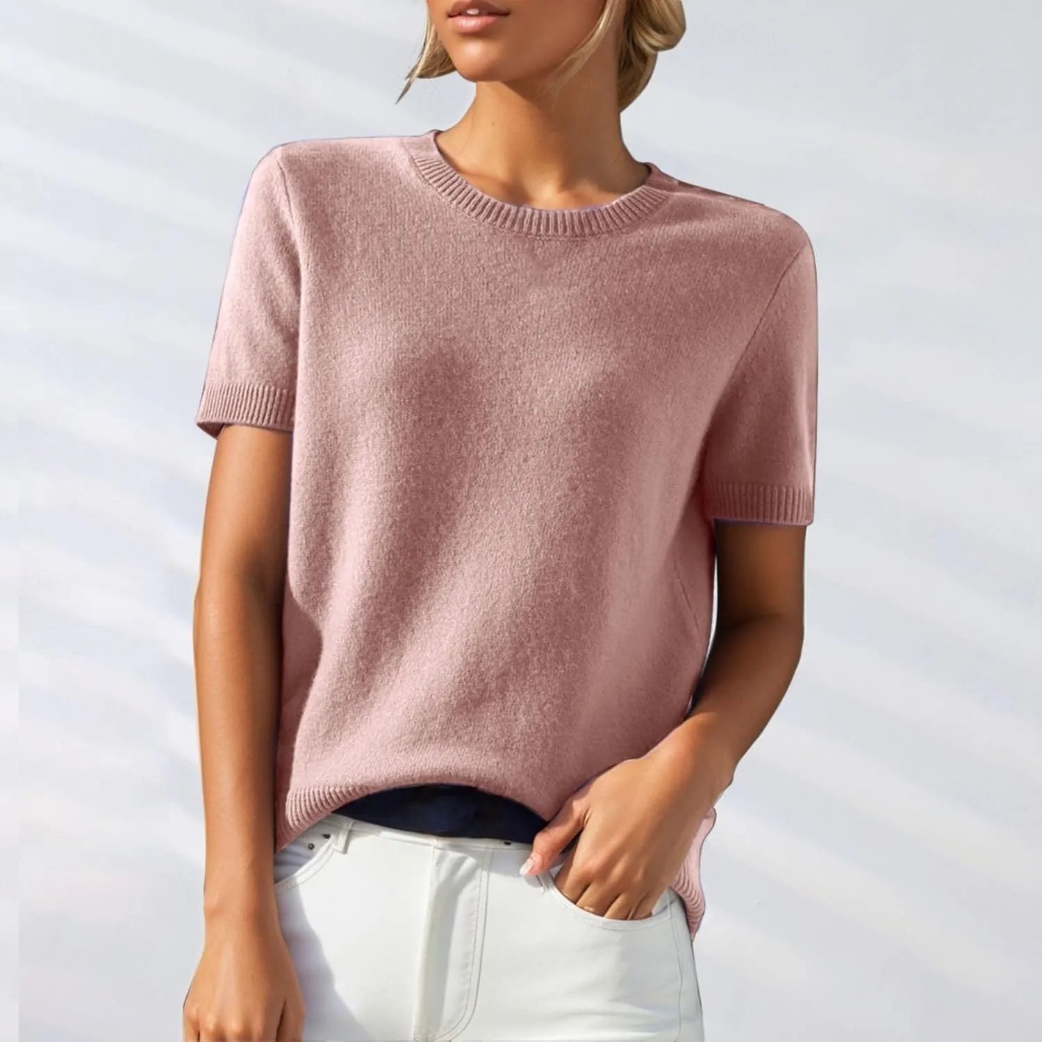 Short Sleeve Shirts for Women Trendy 2025 Crew Neck Sweater Cute Spring Casual Comfy Cashmere Sweaters Tunic Pullover