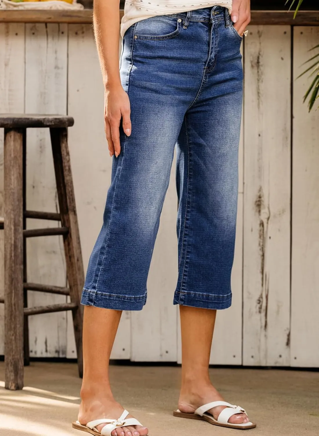 Sidefeel Women's Wide Leg Jeans High Waisted Stretchy Capri Pants