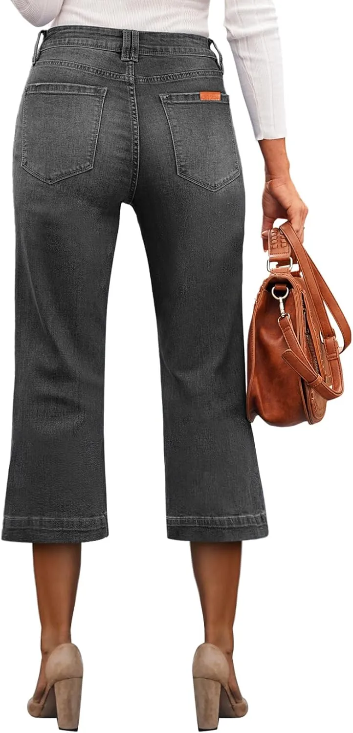 Sidefeel Women's Wide Leg Jeans High Waisted Stretchy Capri Pants