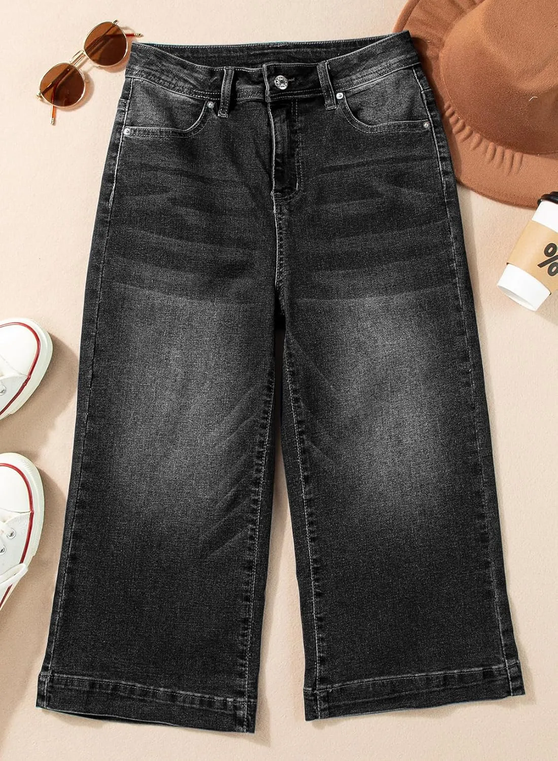 Sidefeel Women's Wide Leg Jeans High Waisted Stretchy Capri Pants