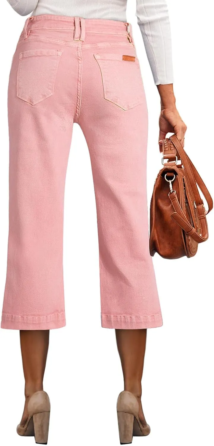 Sidefeel Women's Wide Leg Jeans High Waisted Stretchy Capri Pants