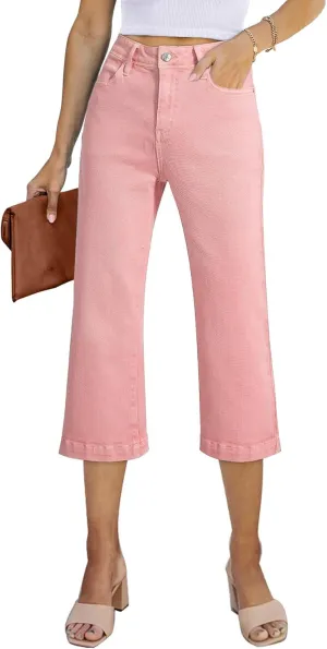 Sidefeel Women's Wide Leg Jeans High Waisted Stretchy Capri Pants