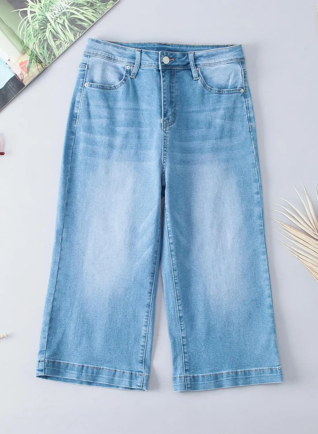 Sidefeel Women's Wide Leg Jeans High Waisted Stretchy Capri Pants