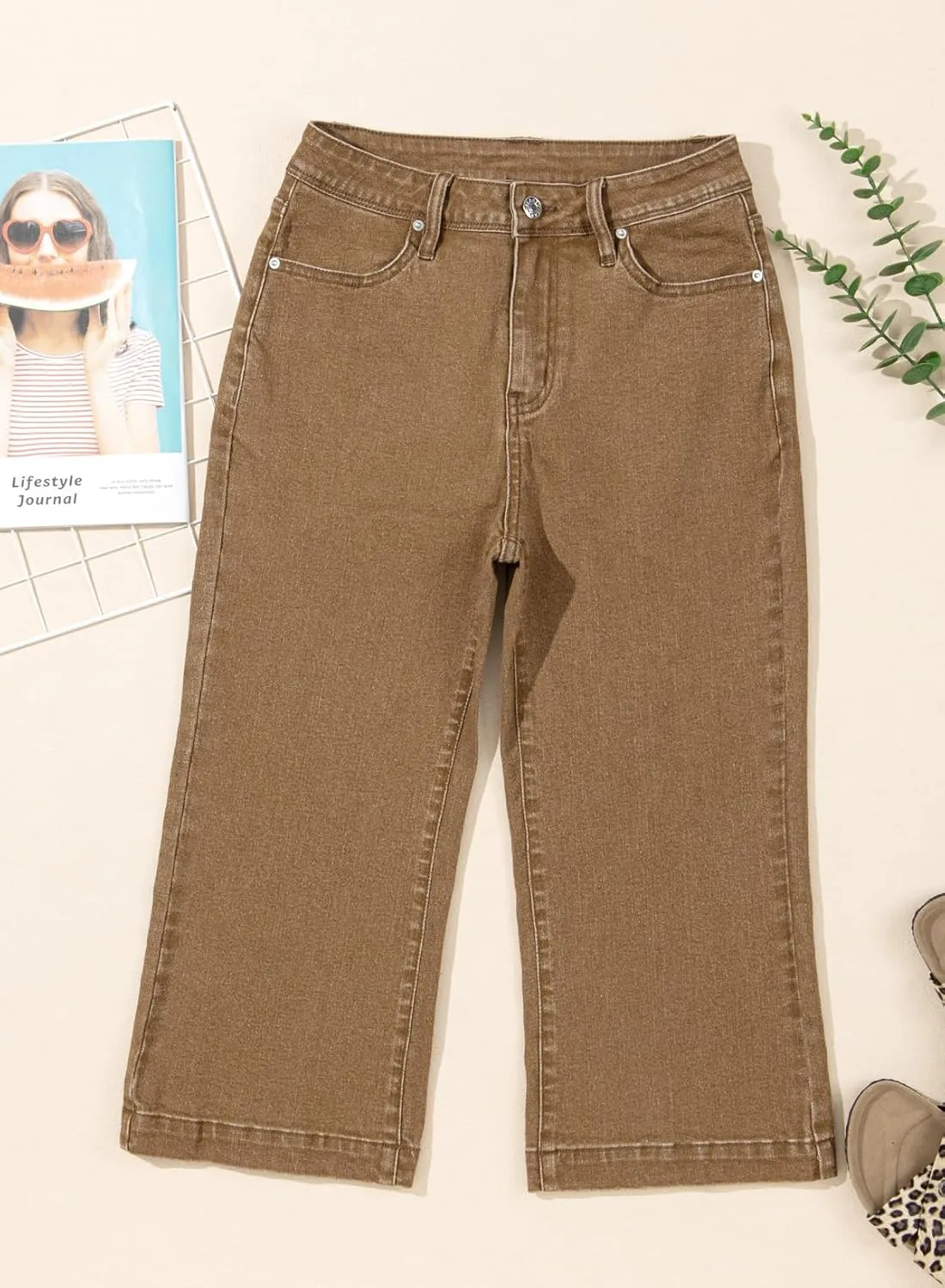 Sidefeel Women's Wide Leg Jeans High Waisted Stretchy Capri Pants