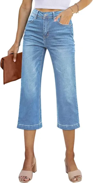 Sidefeel Women's Wide Leg Jeans High Waisted Stretchy Capri Pants