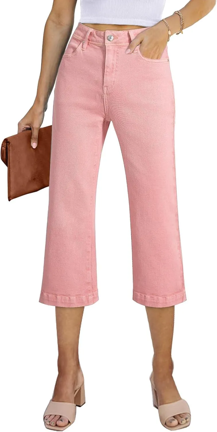 Sidefeel Women's Wide Leg Jeans High Waisted Stretchy Capri Pants