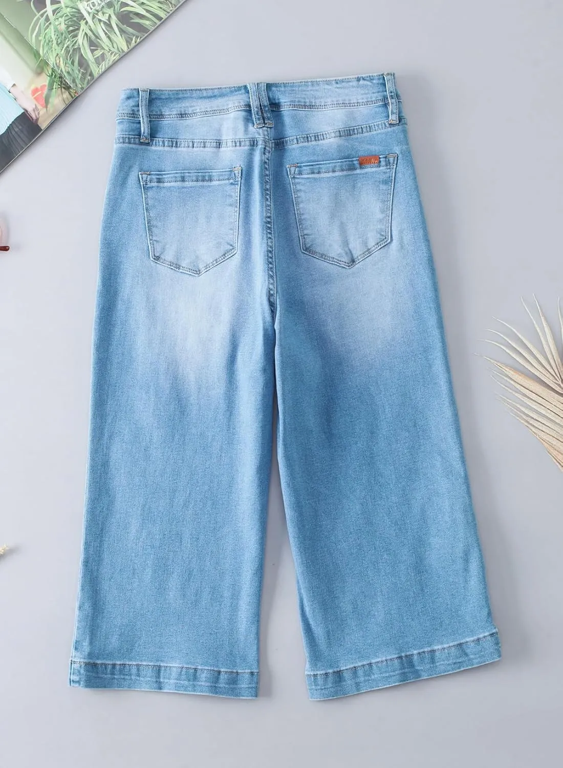 Sidefeel Women's Wide Leg Jeans High Waisted Stretchy Capri Pants