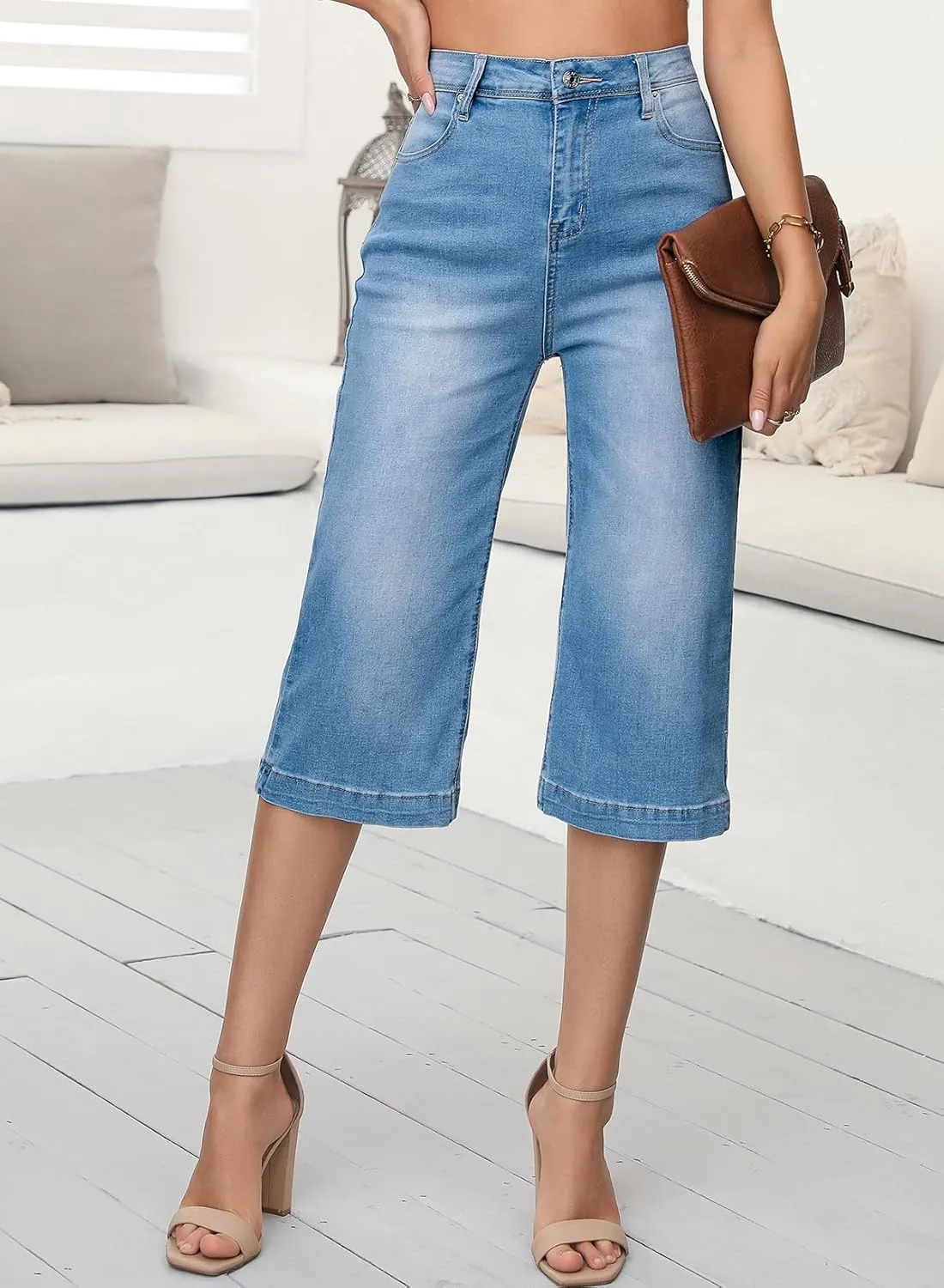 Sidefeel Women's Wide Leg Jeans High Waisted Stretchy Capri Pants