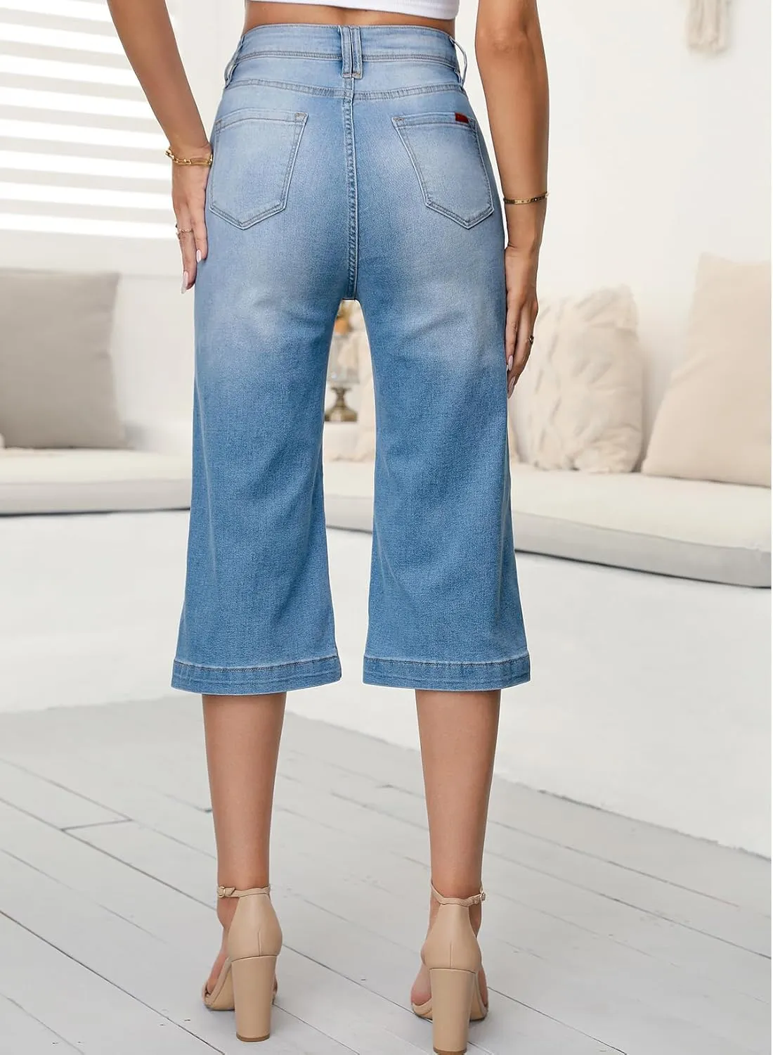 Sidefeel Women's Wide Leg Jeans High Waisted Stretchy Capri Pants