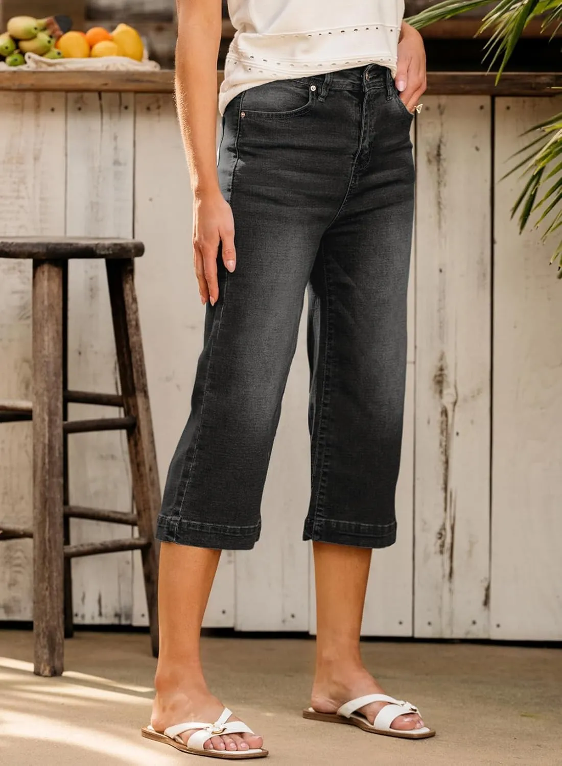 Sidefeel Women's Wide Leg Jeans High Waisted Stretchy Capri Pants