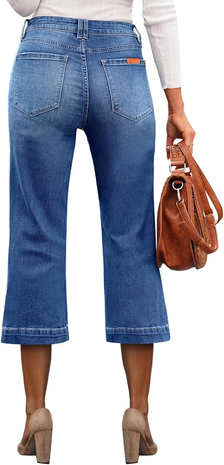 Sidefeel Women's Wide Leg Jeans High Waisted Stretchy Capri Pants