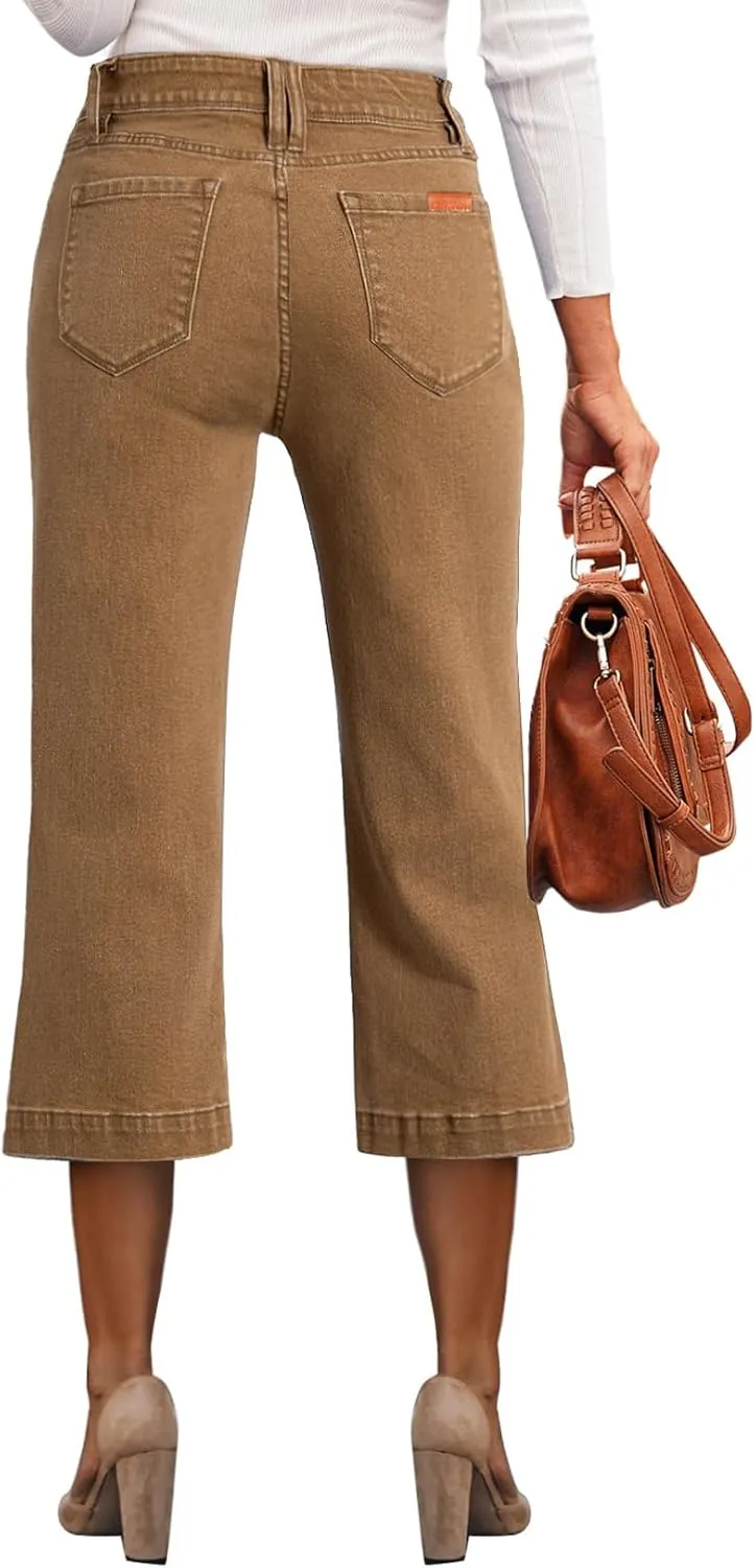Sidefeel Women's Wide Leg Jeans High Waisted Stretchy Capri Pants