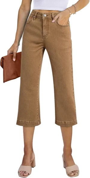 Sidefeel Women's Wide Leg Jeans High Waisted Stretchy Capri Pants