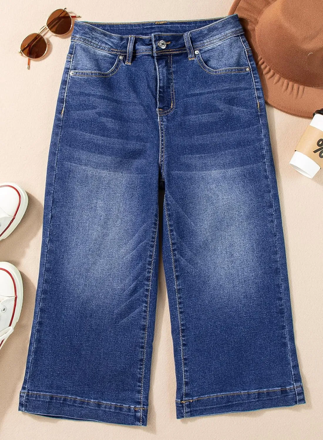 Sidefeel Women's Wide Leg Jeans High Waisted Stretchy Capri Pants