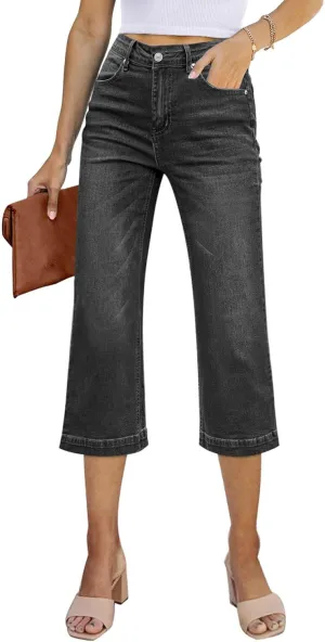 Sidefeel Women's Wide Leg Jeans High Waisted Stretchy Capri Pants