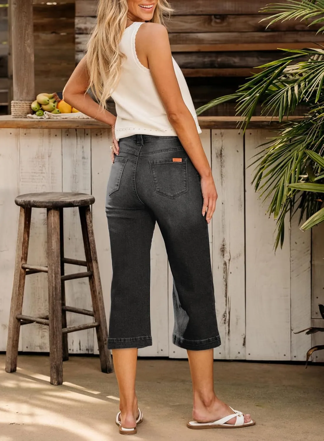 Sidefeel Women's Wide Leg Jeans High Waisted Stretchy Capri Pants