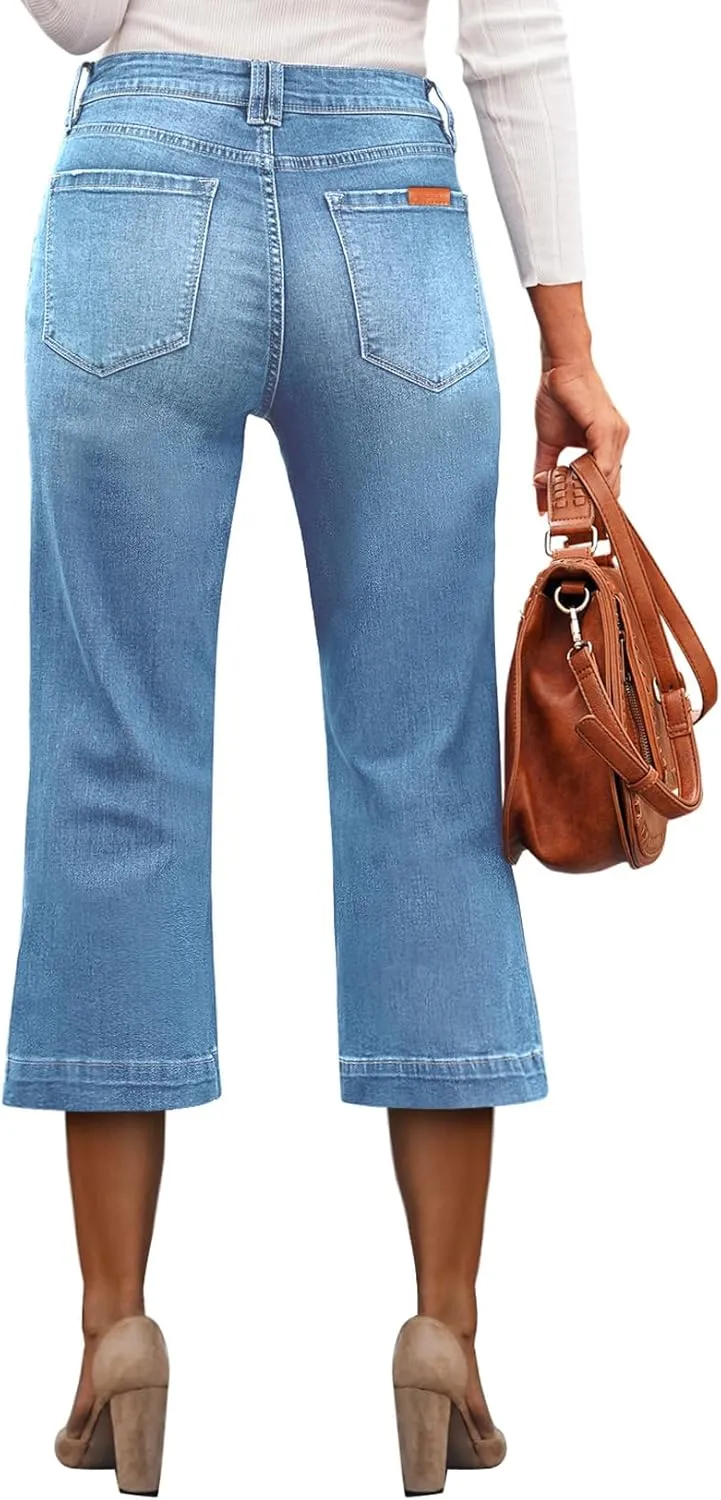 Sidefeel Women's Wide Leg Jeans High Waisted Stretchy Capri Pants