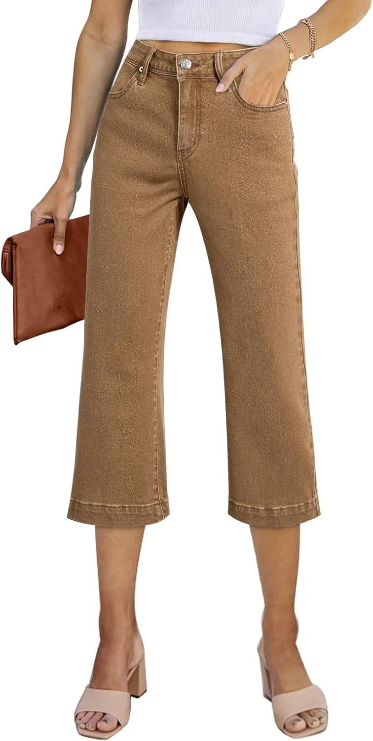 Sidefeel Women's Wide Leg Jeans High Waisted Stretchy Capri Pants