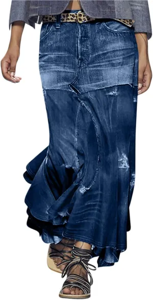 Skirt for Women Denim Maxi Long Vintage Cowgirl High Cut Slit Peasant High Low Steampunk Skorts Women 2025 Trendy