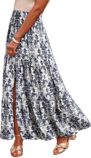 Skirts for Women Boho Floral Print Maxi Skirts Plus Size Side Slit Flowy Skirt Midi Length Chiffon Dress with Pockets