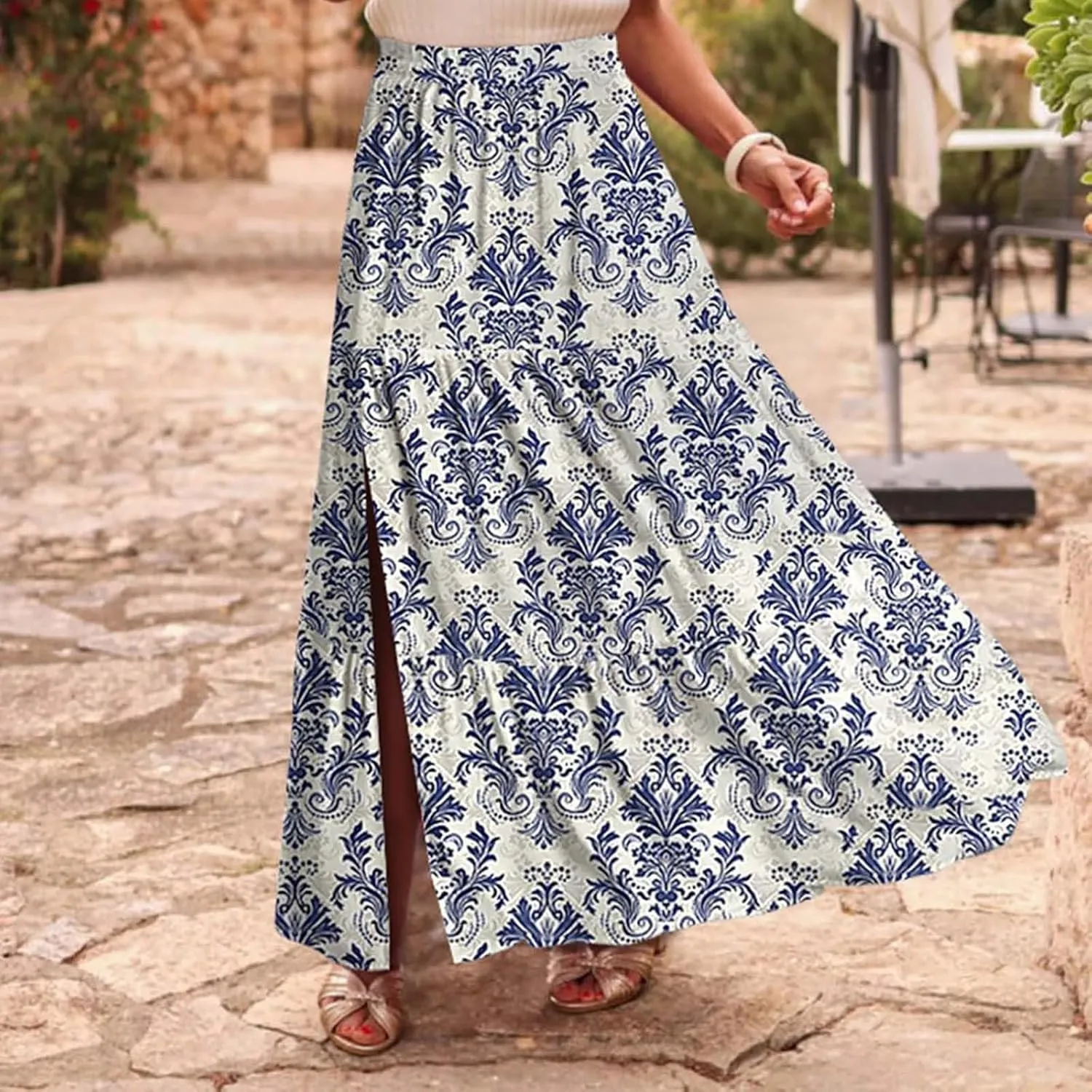 Skirts for Women Boho Floral Print Maxi Skirts Plus Size Side Slit Flowy Skirt Midi Length Chiffon Dress with Pockets