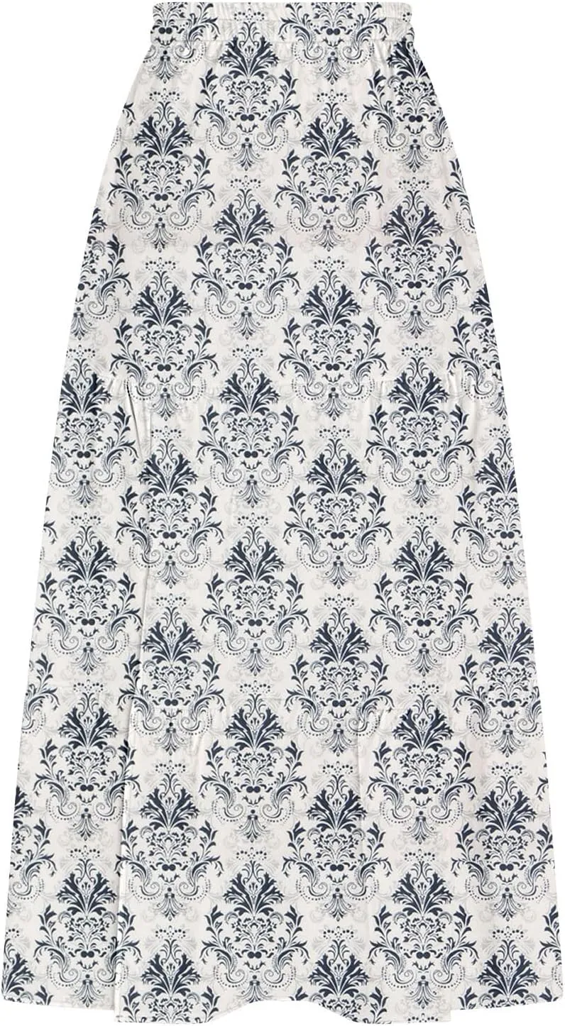 Skirts for Women Boho Floral Print Maxi Skirts Plus Size Side Slit Flowy Skirt Midi Length Chiffon Dress with Pockets