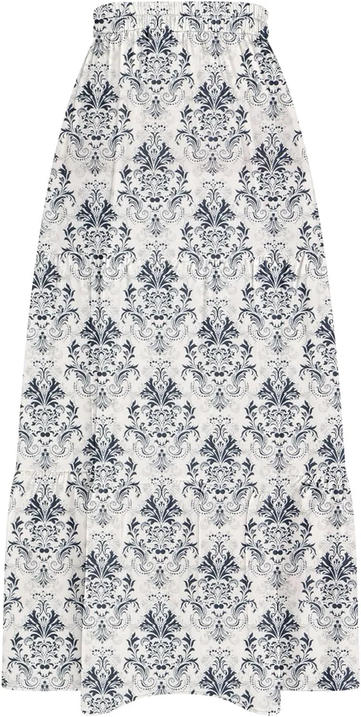 Skirts for Women Boho Floral Print Maxi Skirts Plus Size Side Slit Flowy Skirt Midi Length Chiffon Dress with Pockets