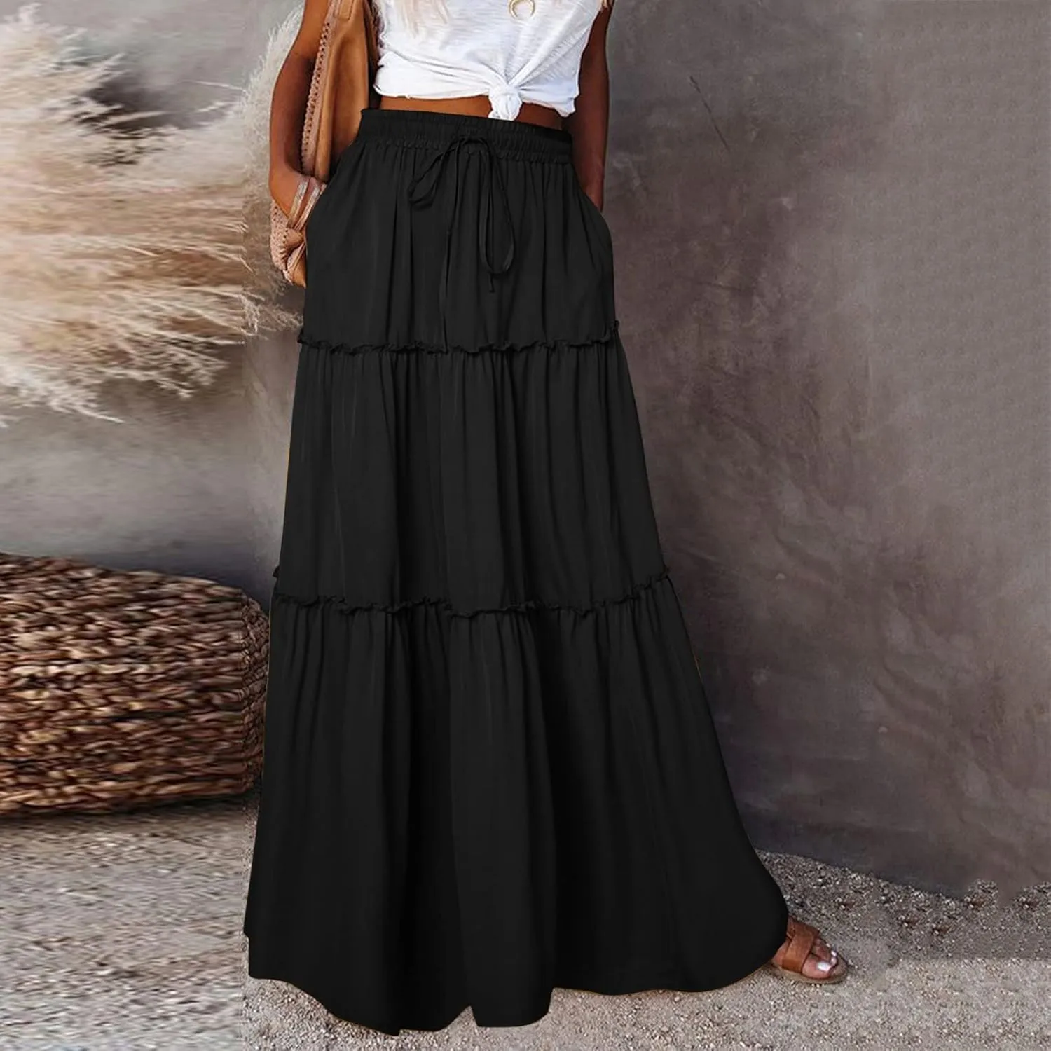 Skirts for Women Summer Boho Floral Print Elastic Waist A Line Maxi Skirt Tiered Flowy Beach Vacation Long Skirts