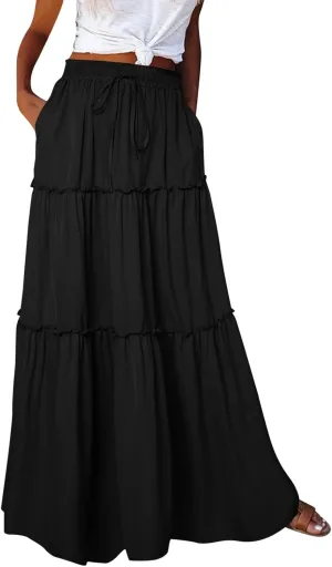 Skirts for Women Summer Boho Floral Print Elastic Waist A Line Maxi Skirt Tiered Flowy Beach Vacation Long Skirts