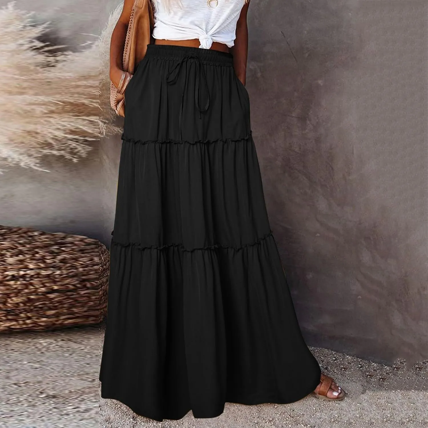 Skirts for Women Summer Boho Floral Print Elastic Waist A Line Maxi Skirt Tiered Flowy Beach Vacation Long Skirts