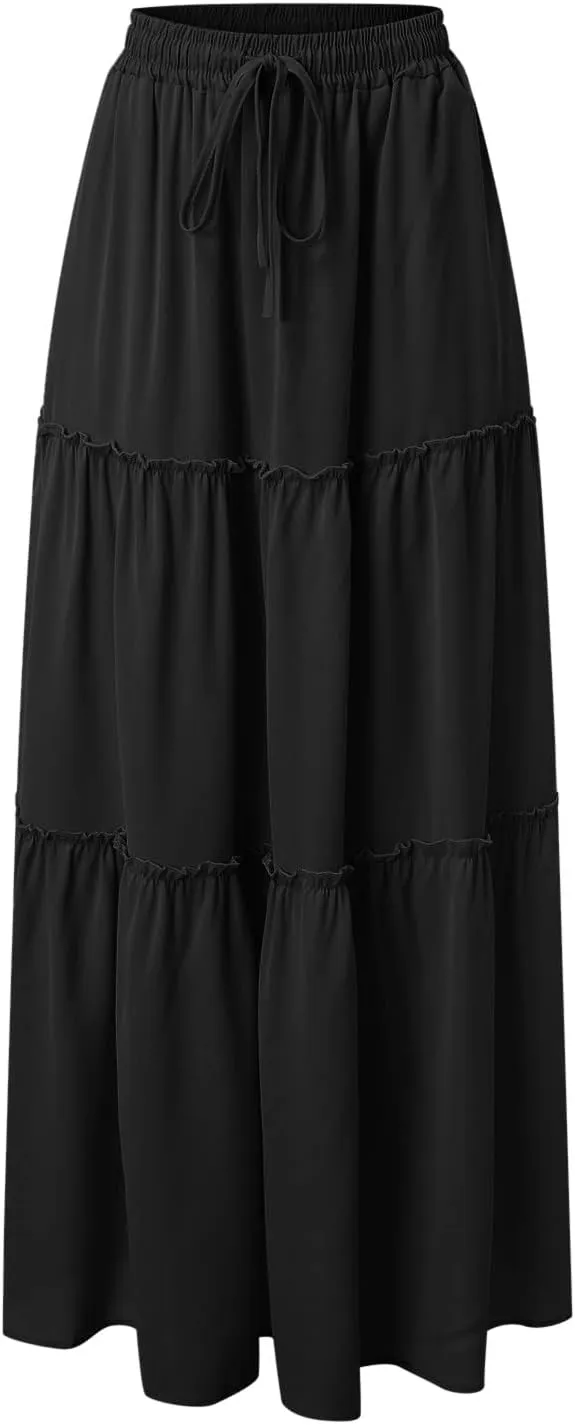 Skirts for Women Summer Boho Floral Print Elastic Waist A Line Maxi Skirt Tiered Flowy Beach Vacation Long Skirts