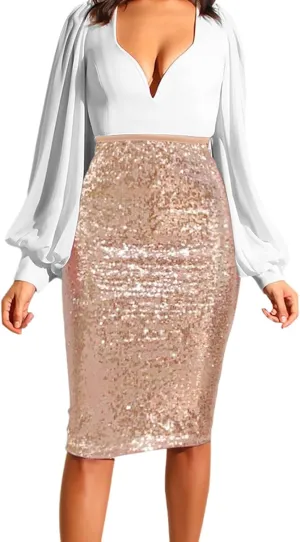 Skirts for Women Trendy Sequin High Elastic Waist Slim Fit Midi Length Pencil A-Line Skirts Fashion Clubwear