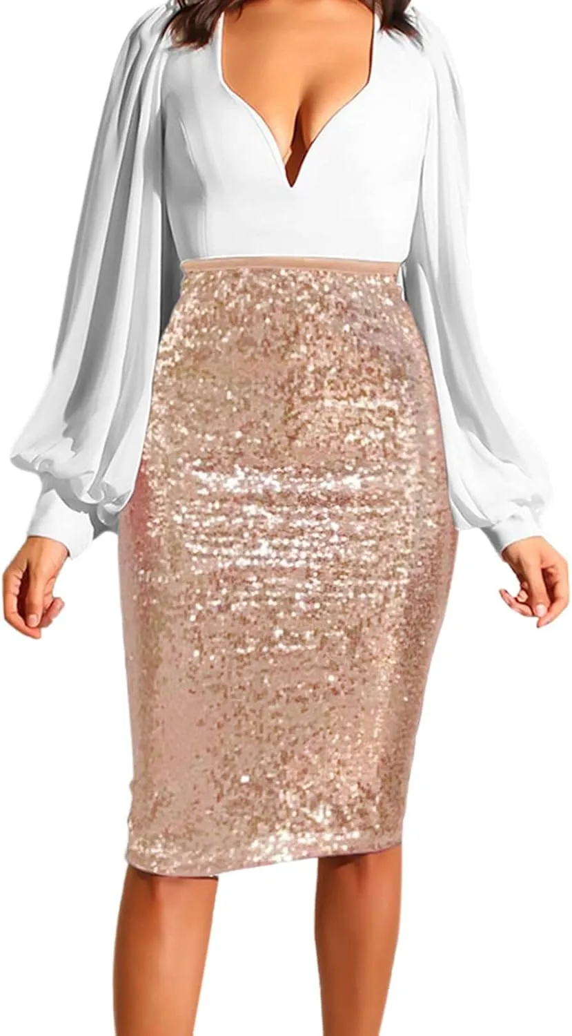 Skirts for Women Trendy Sequin High Elastic Waist Slim Fit Midi Length Pencil A-Line Skirts Fashion Clubwear