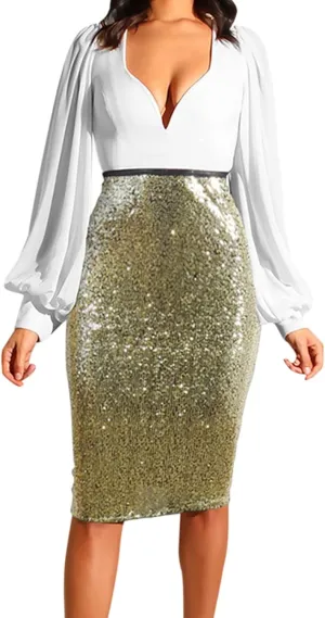 Skirts for Women Trendy Sequin High Elastic Waist Slim Fit Midi Length Pencil A-Line Skirts Fashion Clubwear