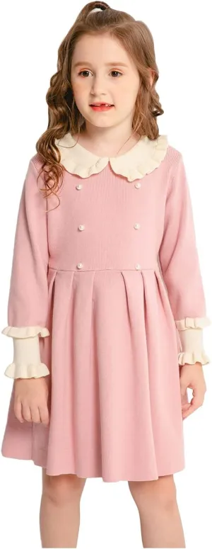 SMILING PINKER Girls Dresses Ruffle Peter Pan Collar Sweater Long Sleeve Knit Pleated Dress