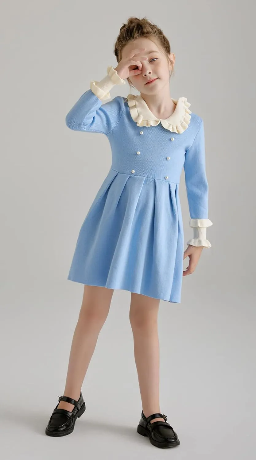 SMILING PINKER Girls Dresses Ruffle Peter Pan Collar Sweater Long Sleeve Knit Pleated Dress