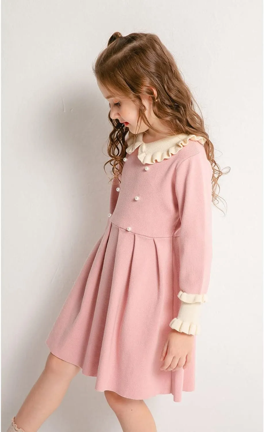 SMILING PINKER Girls Dresses Ruffle Peter Pan Collar Sweater Long Sleeve Knit Pleated Dress