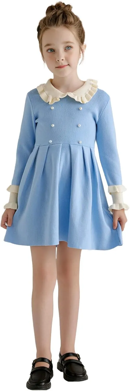 SMILING PINKER Girls Dresses Ruffle Peter Pan Collar Sweater Long Sleeve Knit Pleated Dress