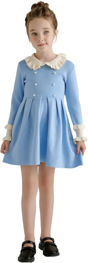 SMILING PINKER Girls Dresses Ruffle Peter Pan Collar Sweater Long Sleeve Knit Pleated Dress