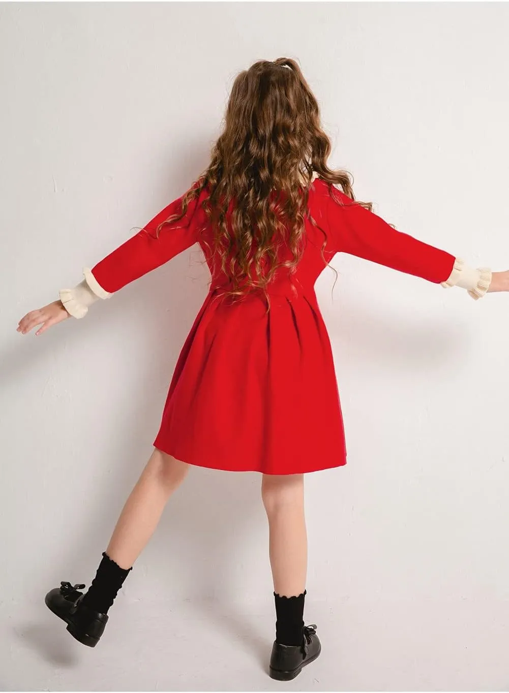 SMILING PINKER Girls Dresses Ruffle Peter Pan Collar Sweater Long Sleeve Knit Pleated Dress